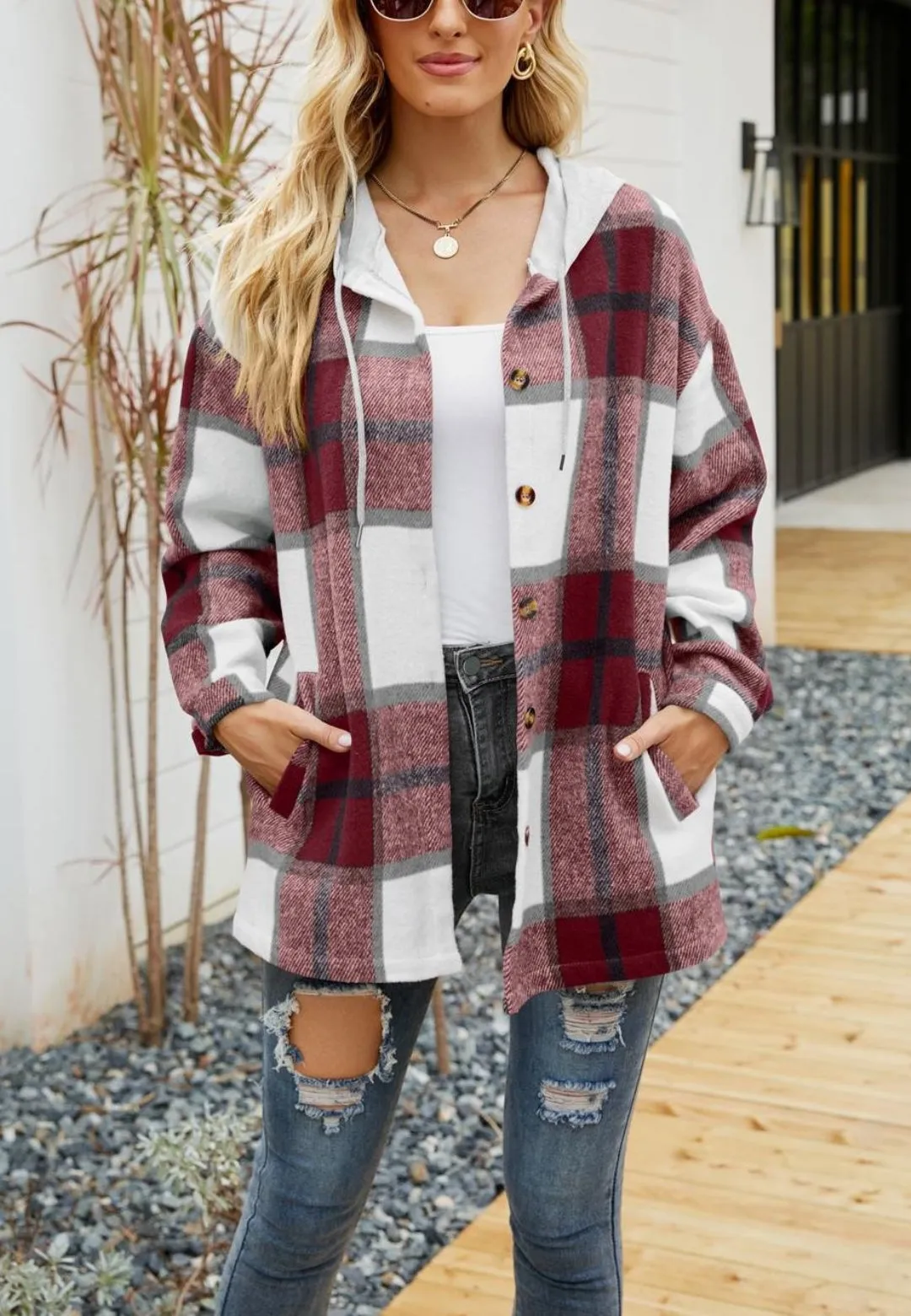 Plaid Pattern Hooded Jacket sold by Anna-Kaci product image thumbnail 2