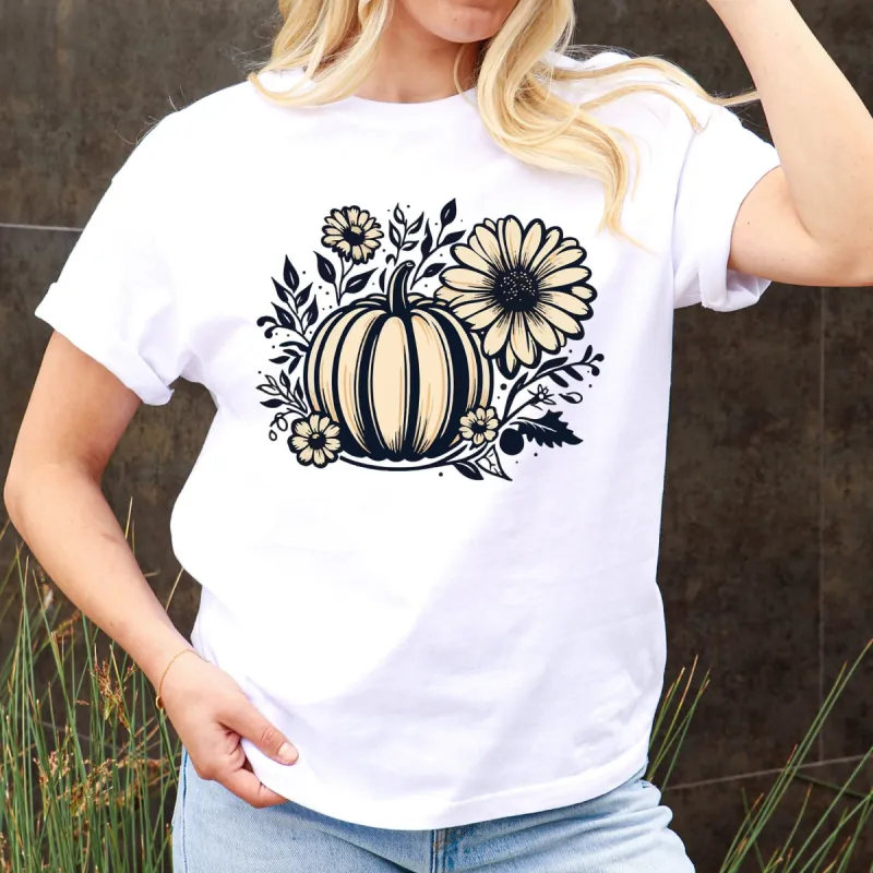 Retro Pumpkin & Sunflowers Bohemian T-Shirt - Vintage Style, Soft Tan Palette, Oversized Shirts, Retro Fall Top, Fall Shirt, Pumpkin Patch sold by Anna-Kaci