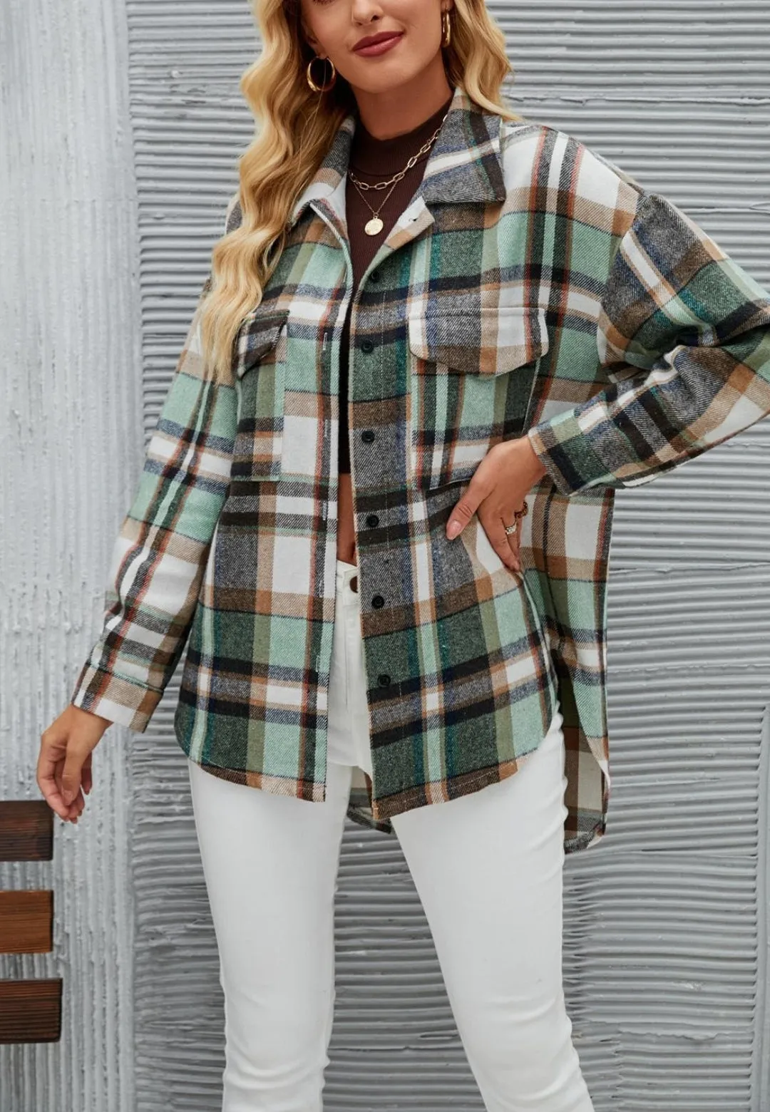 Plaid Pattern Button Down Shacket sold by Anna-Kaci product image thumbnail 2
