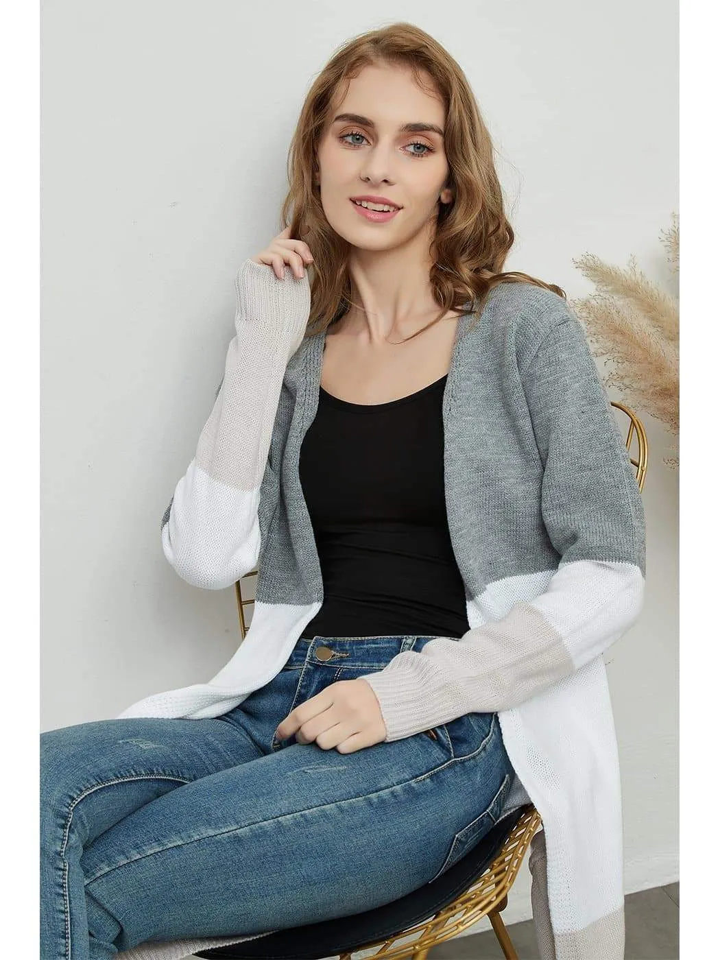 Long Sleeve Open Front Casual Knit Sweaters Coat Soft Outwear Striped Draped Kimono Cardigan sold by Anna-Kaci product image thumbnail 2