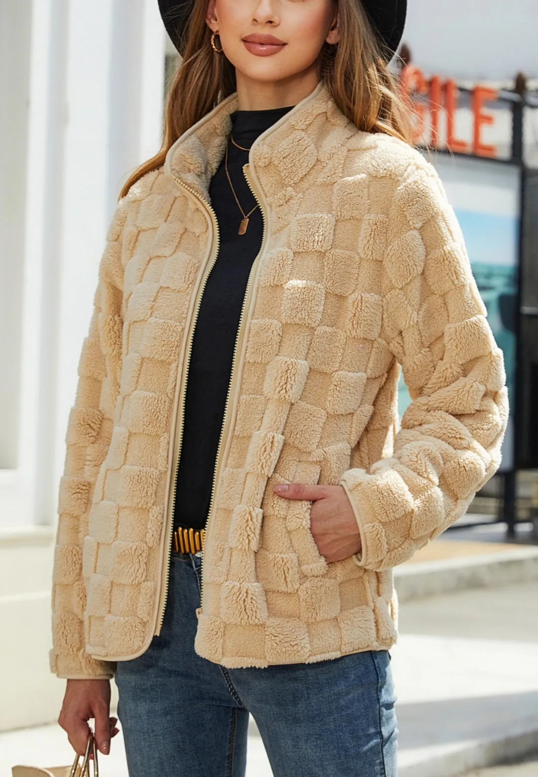 Checkered Pattern Fuzzy Jacket sold by Anna-Kaci