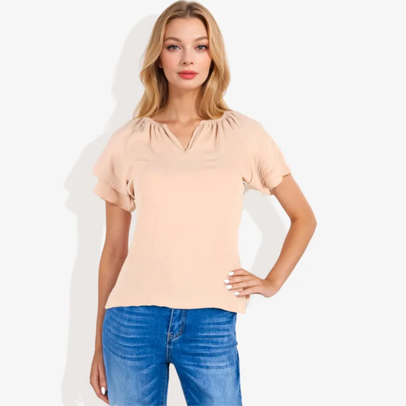Women's Short Sleeve V-Neck Casual Blouse with Gathered Neckline sold by Anna-Kaci