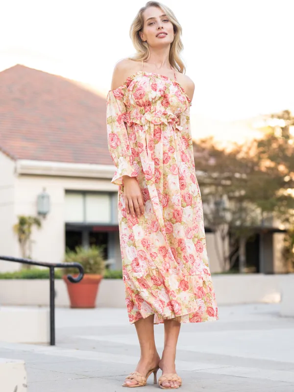 Floral Off-The-Shoulder Shirred Ruffled Puff Sleeve Midi Dress sold by Anna-Kaci