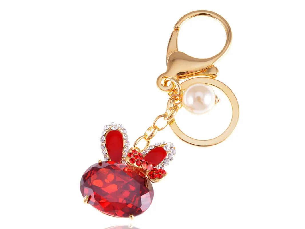 Swarovski Crystal Ruby Bunny Rabbit Bowtie Pearl Bead Keychain sold by Anna-Kaci