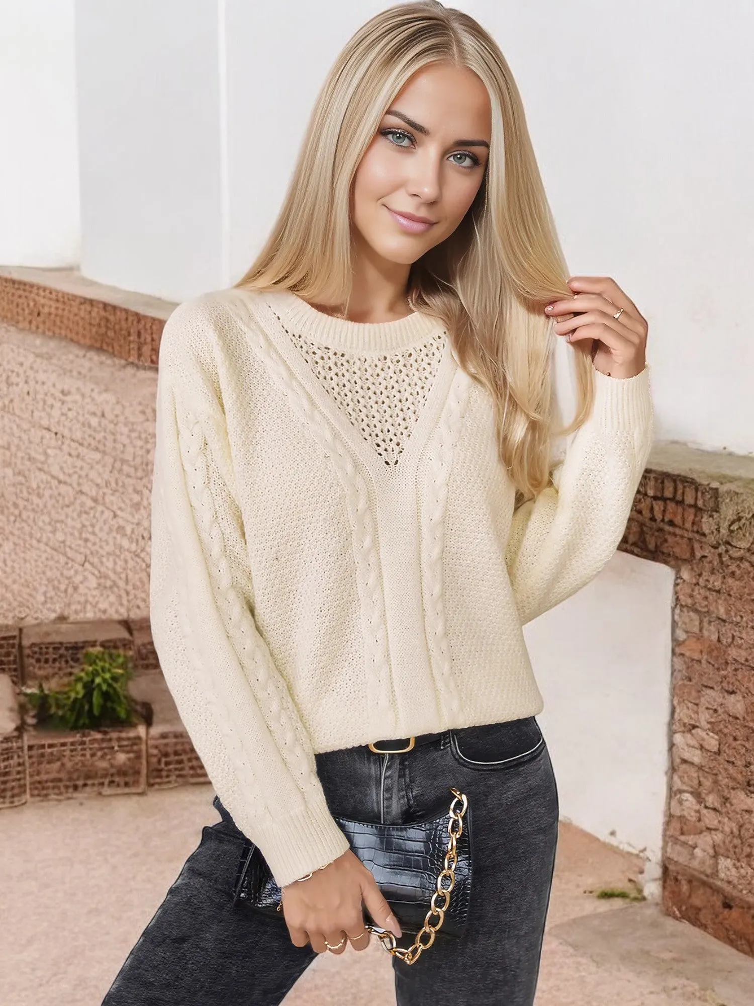 Anna-Kaci Women's Cable Knit Sweater with Crochet Detail and Long Sleeves sold by Anna-Kaci product image thumbnail 4