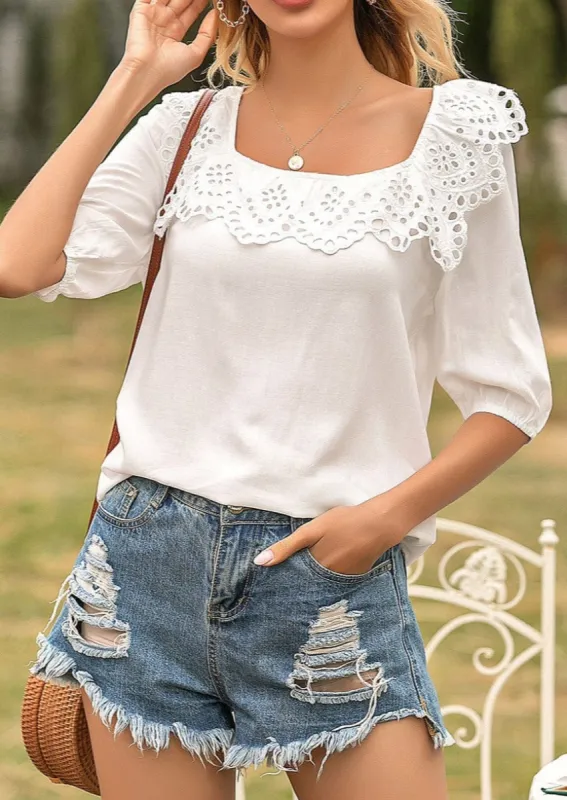 Square Neck Eyelet Trim Blouse sold by Anna-Kaci