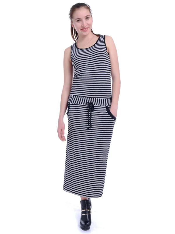 Black and White Stripes Drop Tie Waist Tank Style Maxi Dress sold by Anna-Kaci
