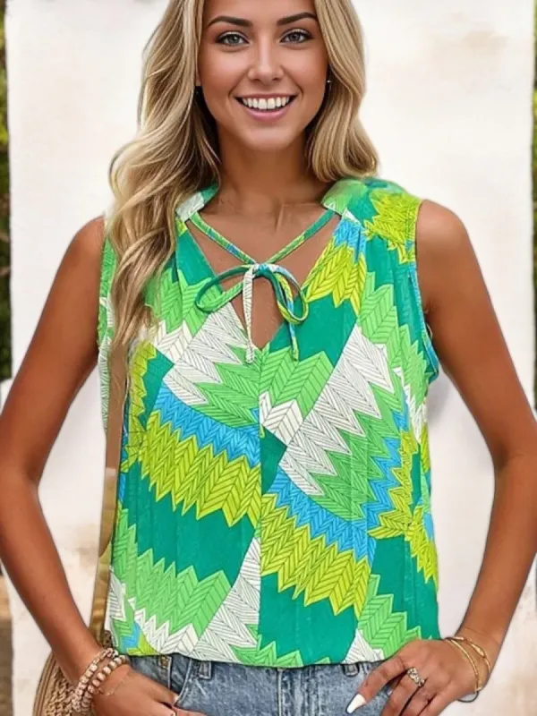 Sleeveless Printed Top with Keyhole Tie Neck and Chevron Pattern sold by Anna-Kaci