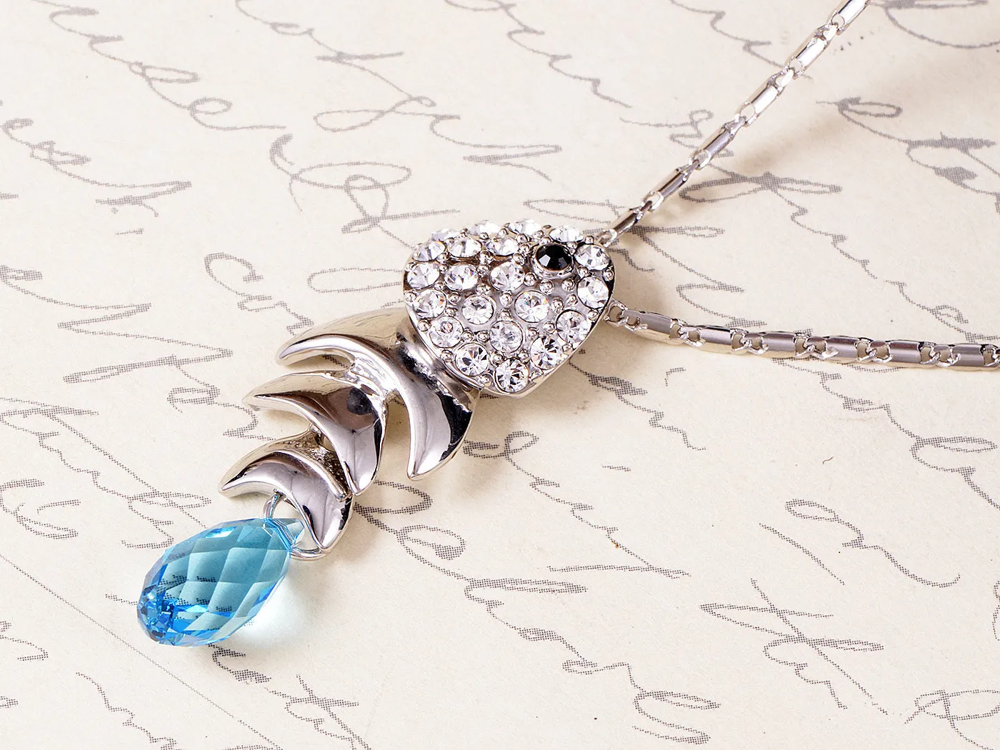 Swarovski Crystal Silver Aquamarine Fish Bone Necklace sold by Anna-Kaci product image thumbnail 2