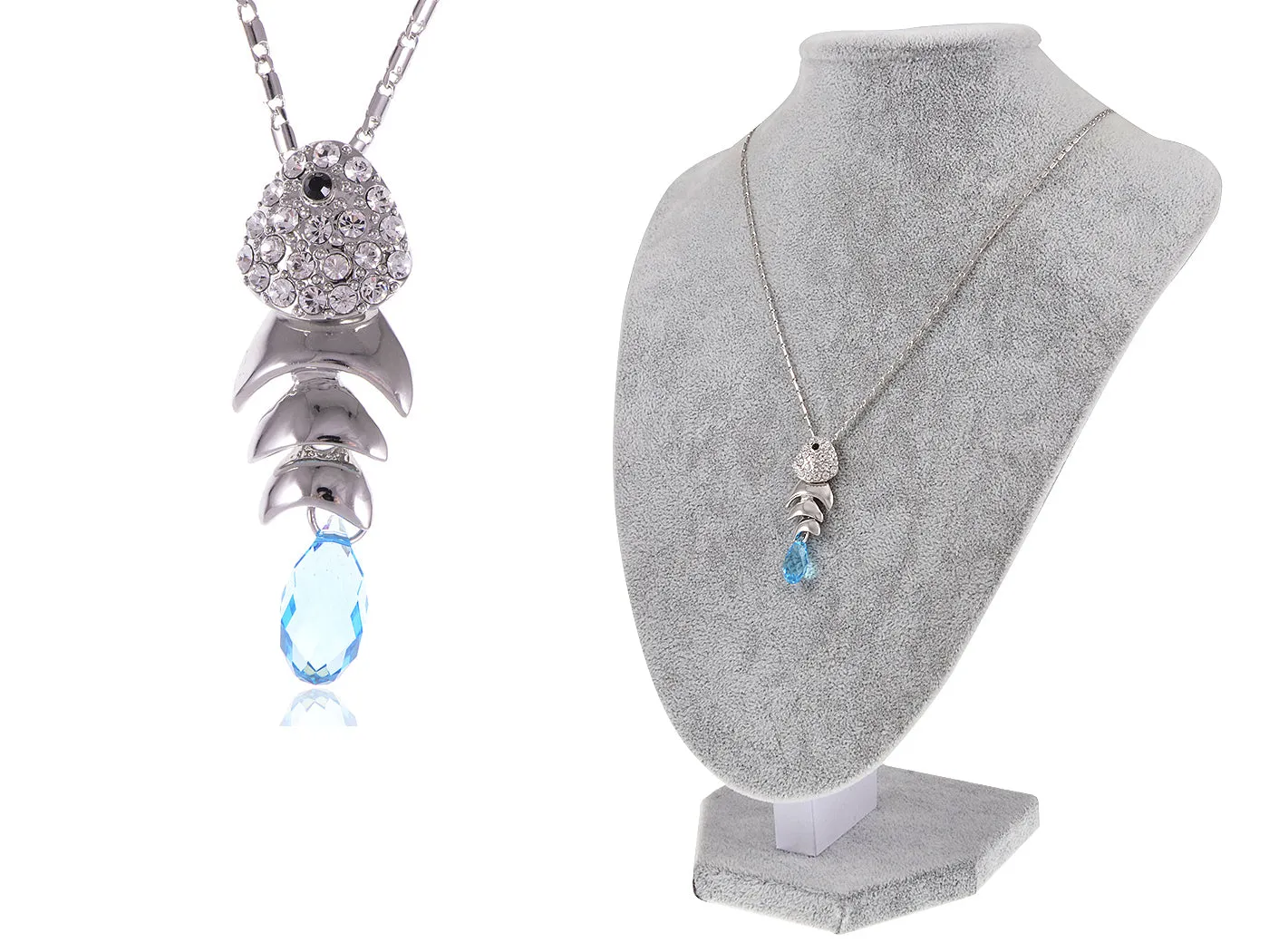 Swarovski Crystal Silver Aquamarine Fish Bone Necklace sold by Anna-Kaci product image thumbnail 5