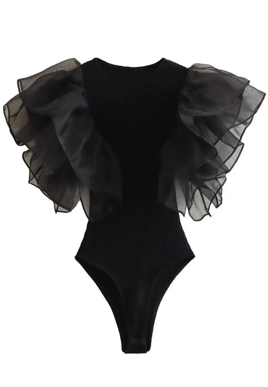 Ruched Ruffle Sleeves Bodysuit sold by Anna-Kaci