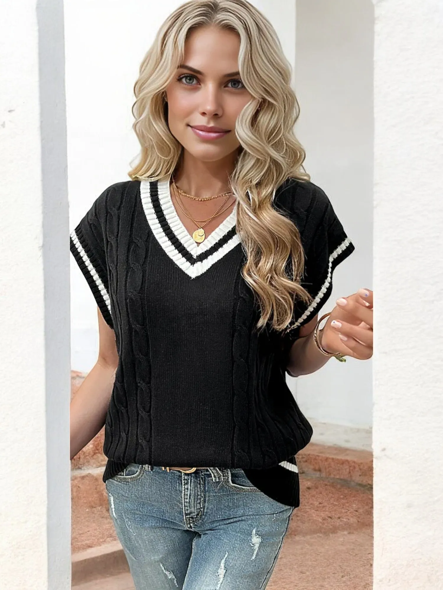 Anna-Kaci Women's Sleeveless Cable Knit Sweater Vest with V-Neckline and Contrast Trim sold by Anna-Kaci