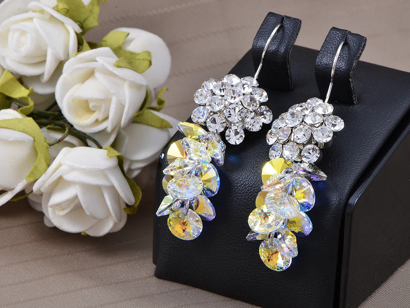 Swarovski Crystal Element Silver Aurora Borealis Grape Cluster Dangle Earrings sold by Anna-Kaci product image thumbnail 2