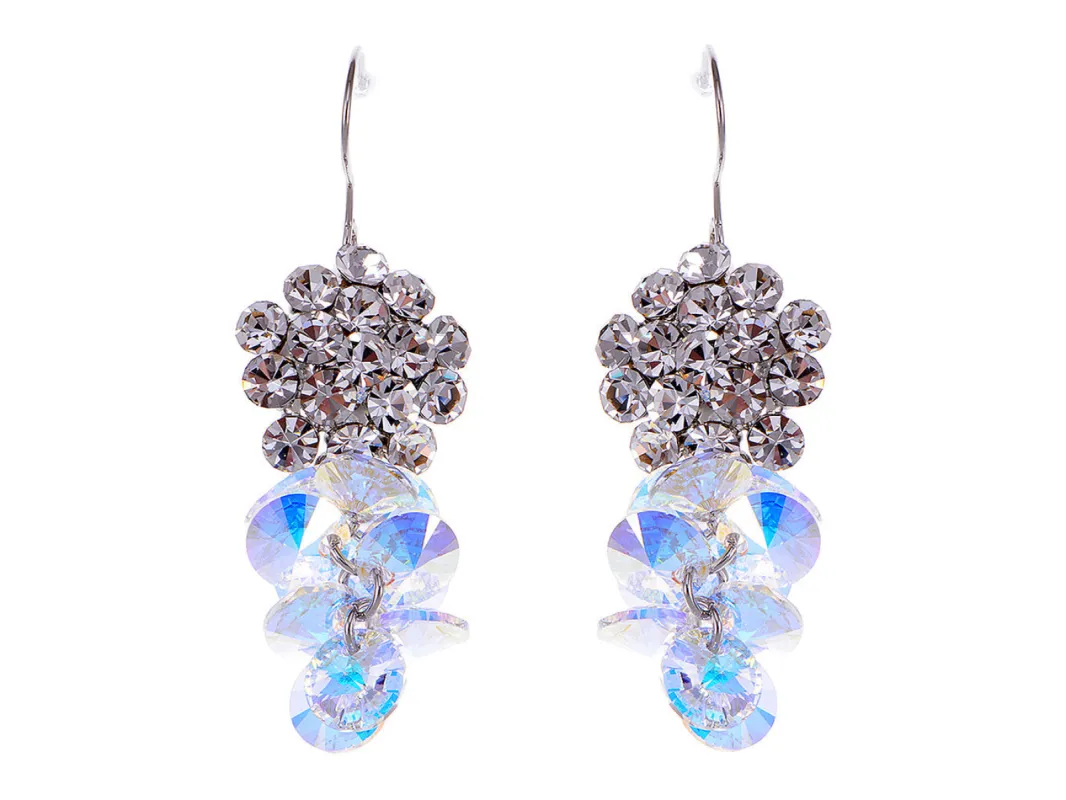 Swarovski Crystal Element Silver Aurora Borealis Grape Cluster Dangle Earrings sold by Anna-Kaci