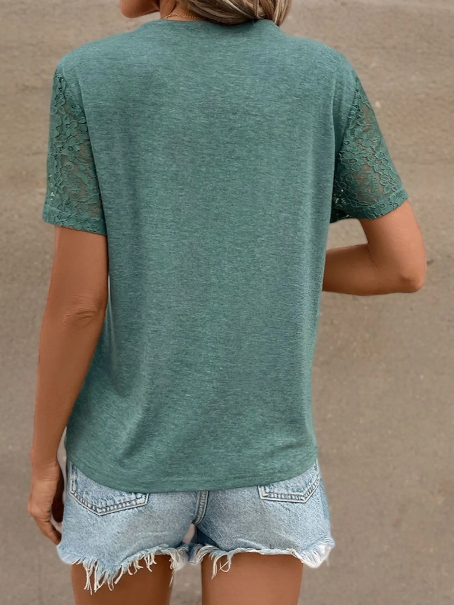 Short Sleeve Lace Panel Blouse with V-Neck and Pleated Detail sold by Anna-Kaci product image thumbnail 5