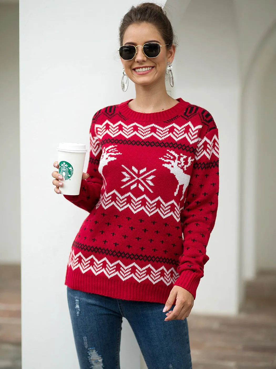 Christmas Sweater Long Sleeve Reindeer Snowflakes Patterns Knit Pullover Tops sold by Anna-Kaci product image thumbnail 4