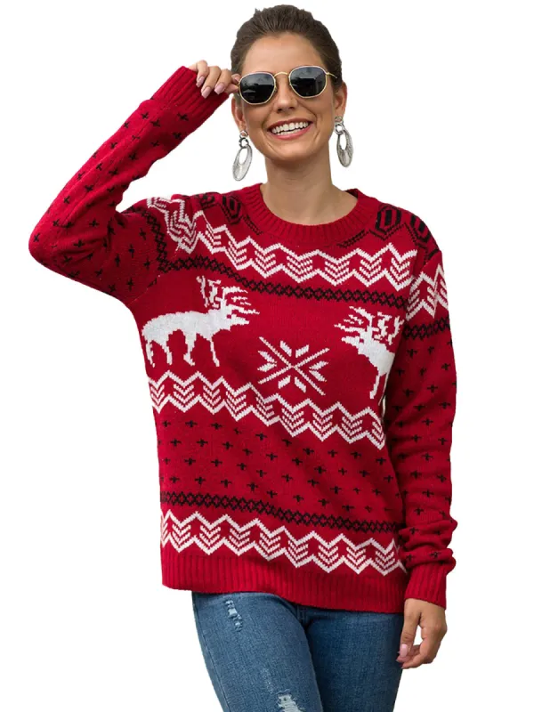 Christmas Sweater Long Sleeve Reindeer Snowflakes Patterns Knit Pullover Tops sold by Anna-Kaci