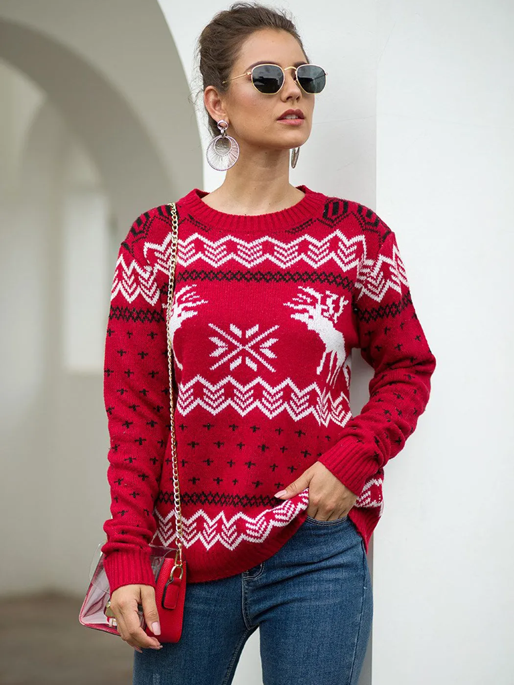 Christmas Sweater Long Sleeve Reindeer Snowflakes Patterns Knit Pullover Tops sold by Anna-Kaci product image thumbnail 5