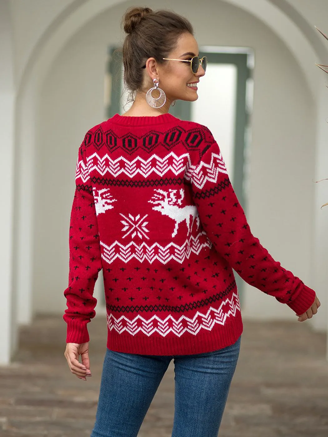 Christmas Sweater Long Sleeve Reindeer Snowflakes Patterns Knit Pullover Tops sold by Anna-Kaci product image thumbnail 2