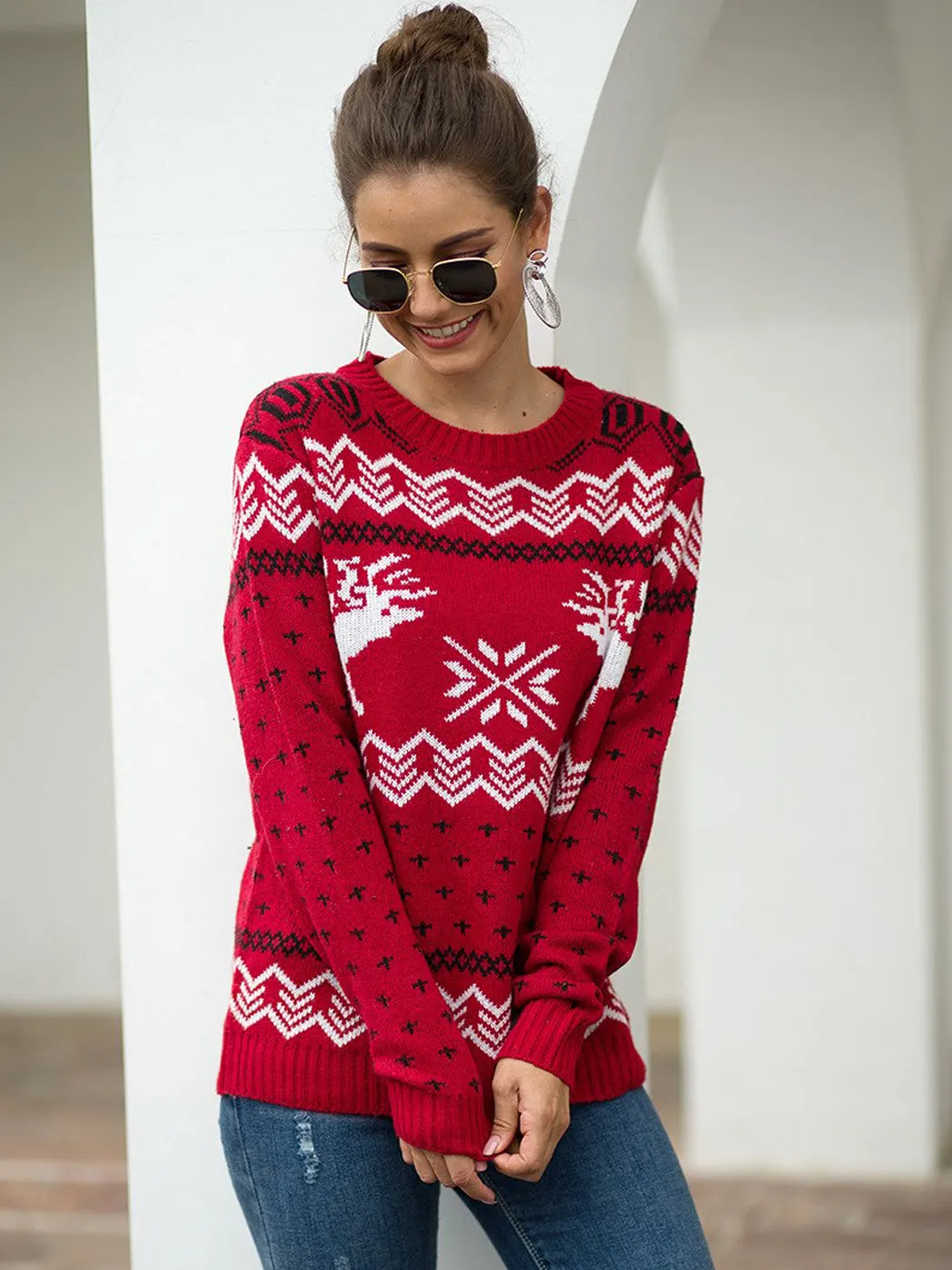 Christmas Sweater Long Sleeve Reindeer Snowflakes Patterns Knit Pullover Tops sold by Anna-Kaci product image thumbnail 3