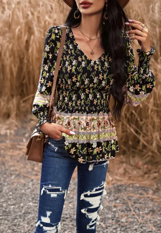 Floral Boho Shirred V Neck Blouse sold by Anna-Kaci