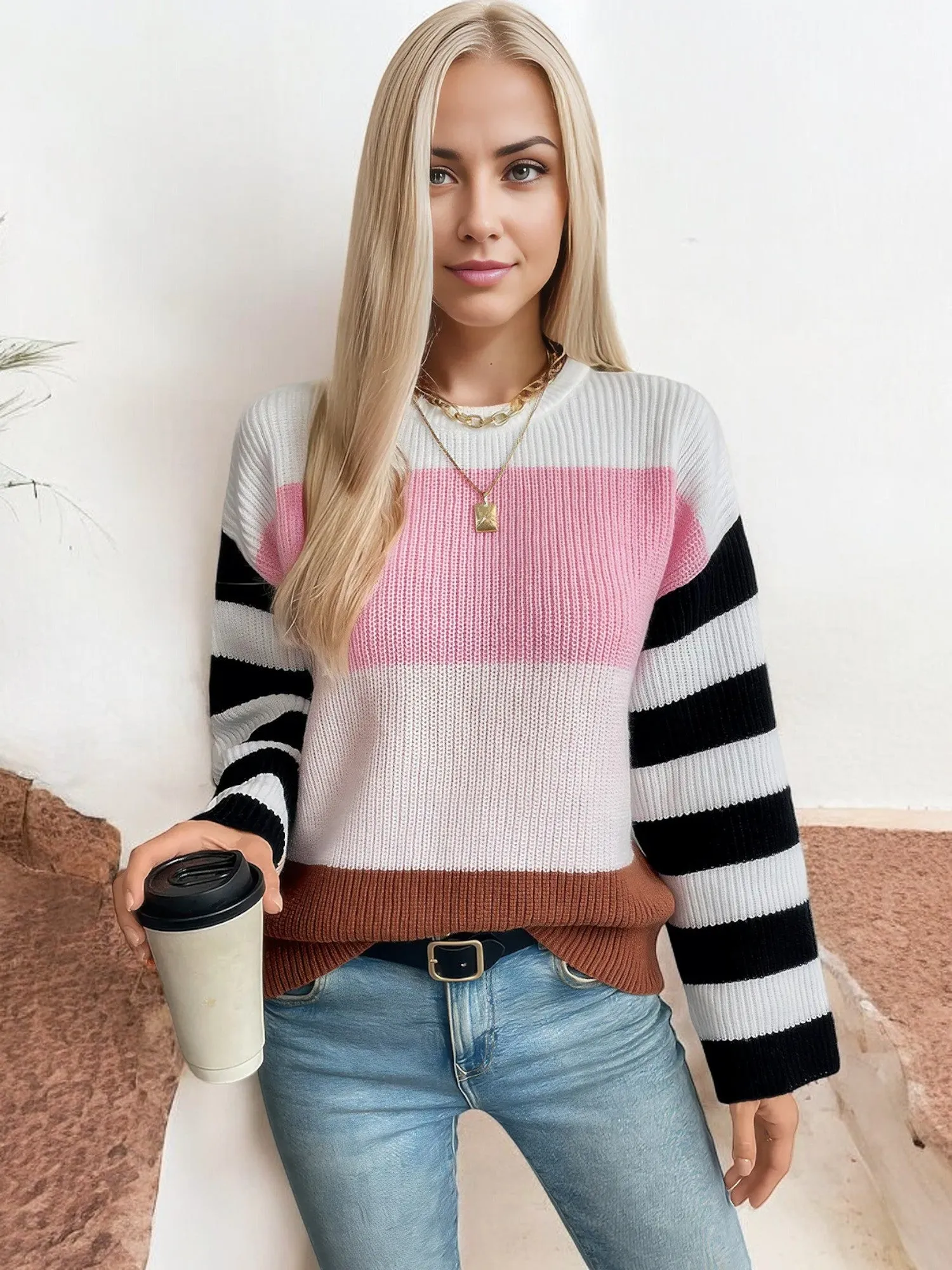 Anna-Kaci Women's Color Block Striped Knit Sweater with Crew Neck and Long Sleeves sold by Anna-Kaci product image thumbnail 4