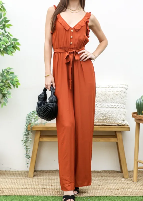 Tie Solid Summer Ruffle V-Neck Sleeveless Jumpsuit sold by Anna-Kaci