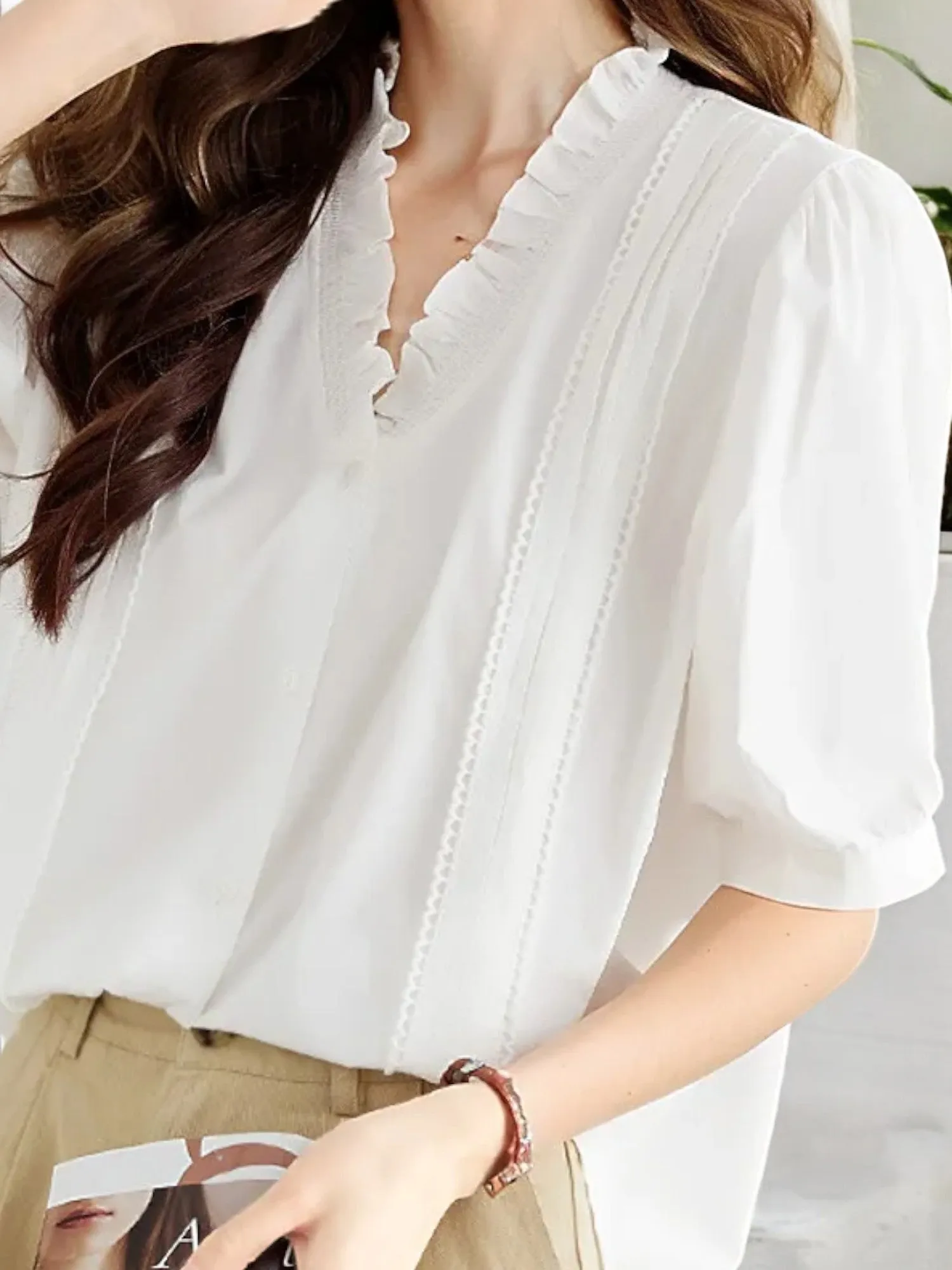 Anna-Kaci Women's Ruffle Trim V-Neck Blouse with Puff Sleeves and Lace Detailing sold by Anna-Kaci product image thumbnail 5