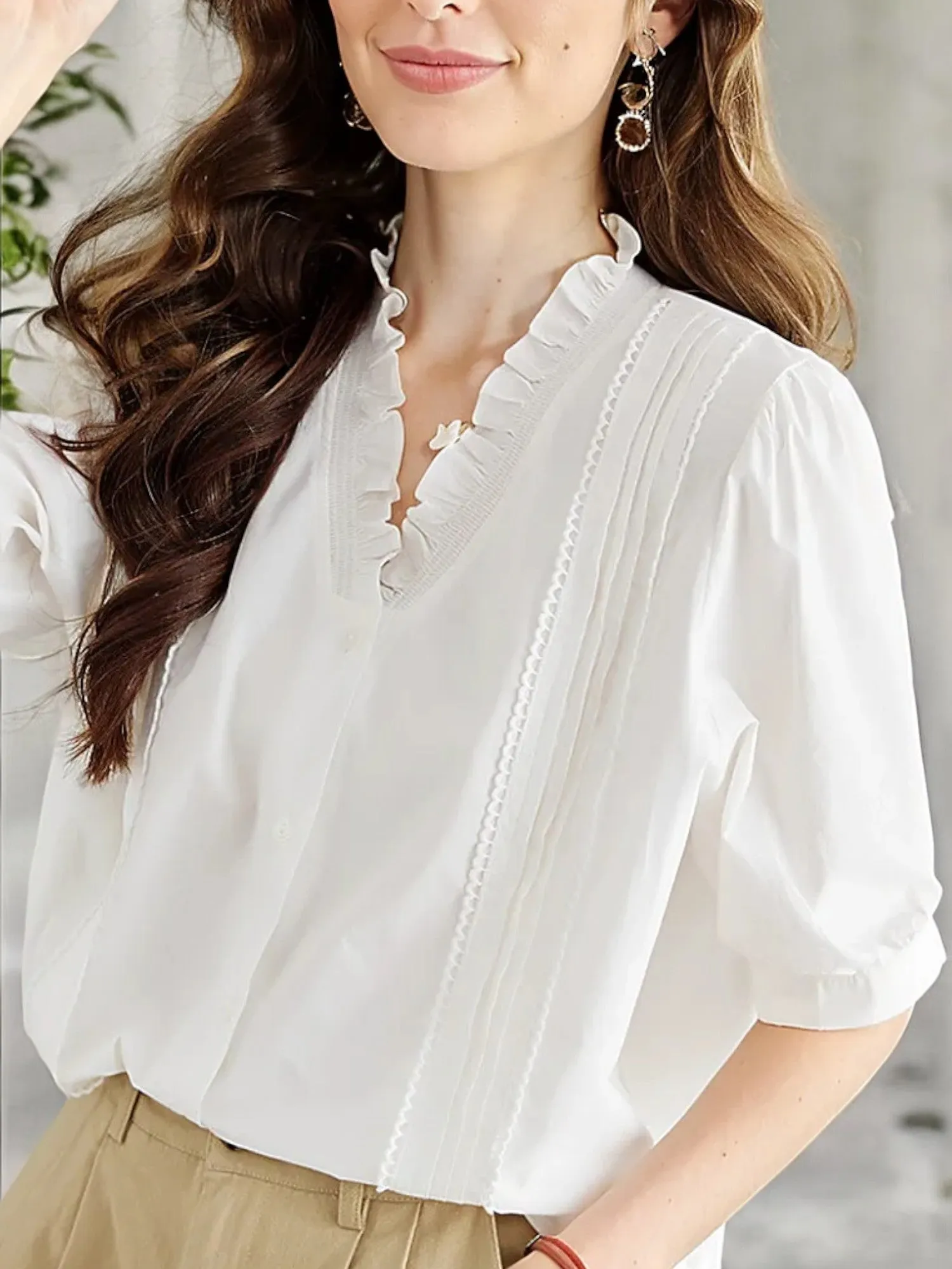 Anna-Kaci Women's Ruffle Trim V-Neck Blouse with Puff Sleeves and Lace Detailing sold by Anna-Kaci product image thumbnail 2