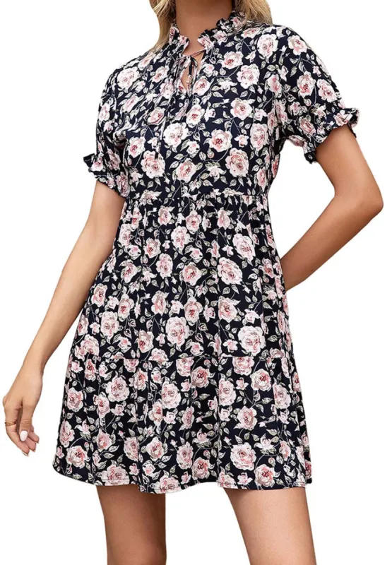 Anna-Kaci Women's Summer Dress Boho Ruffle Sleeve Floral Print Tie Neck Sun Dress sold by Anna-Kaci