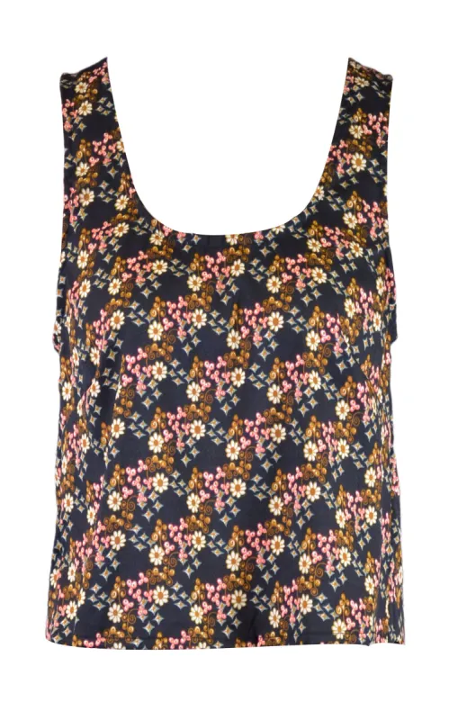 En Creme Charming Mini Floral Print Scallop Curvy Open Back Cropped Top sold by Anna-Kaci