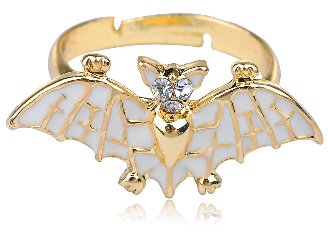 Petite Enamel Hand Painted Flying Bat Night Creature Ring sold by Anna-Kaci