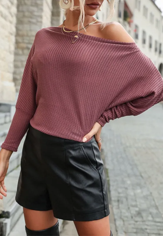 One Shoulder Waffle Knit Classic Sweater sold by Anna-Kaci