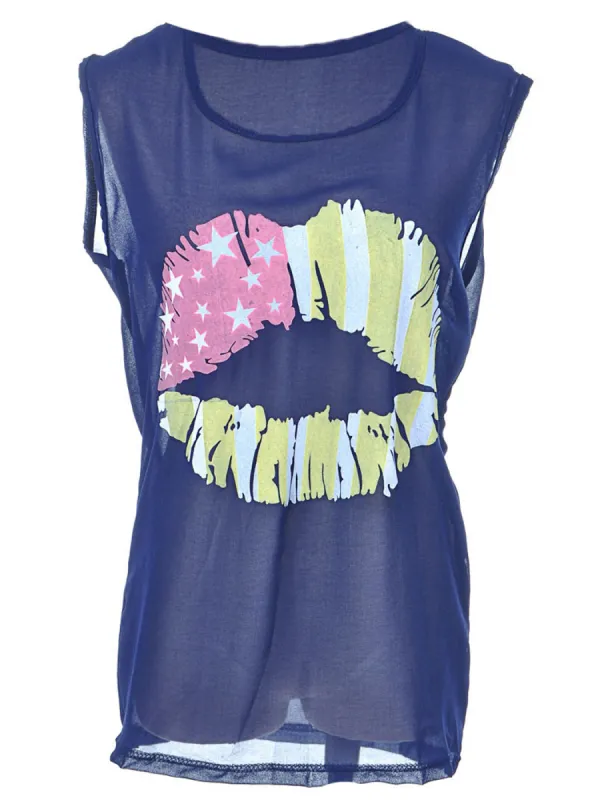 S/M Fit Blue Colorful Patriotic Lips Print Semi Sheer Tunic T-Shirt sold by Anna-Kaci
