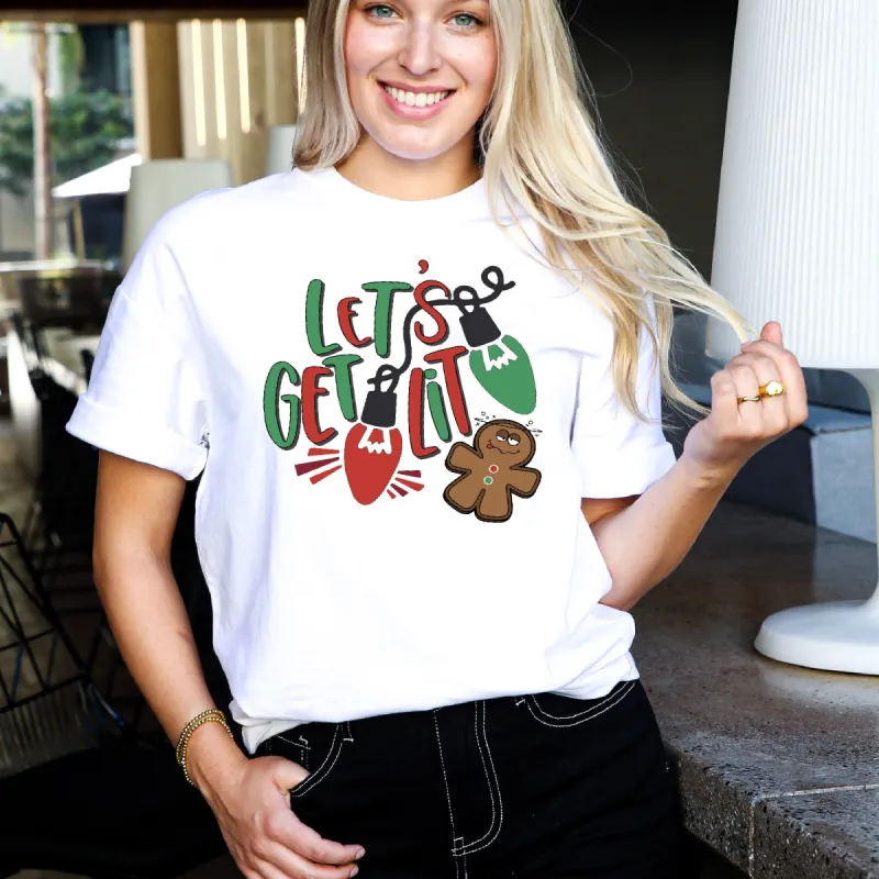 Whimsical Glow: 'Let's Get Lit' Shirt Featuring a Wacky Gingerbread Man sold by Anna-Kaci
