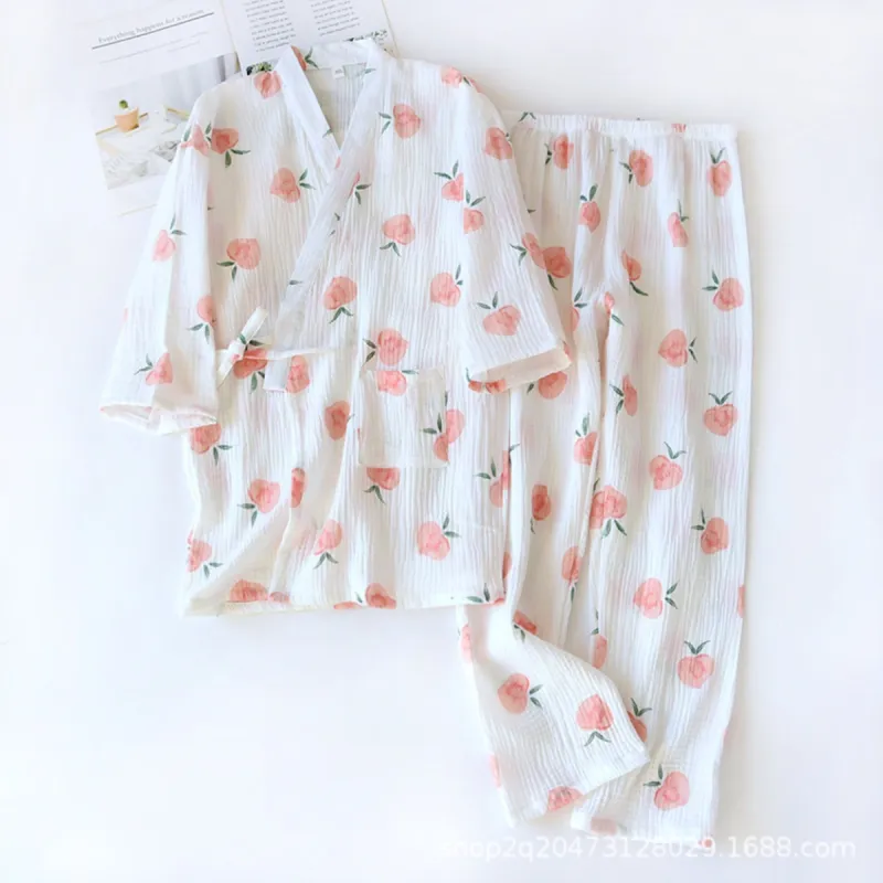 Peach Print Surplice Pajama Coordinates sold by Anna-Kaci