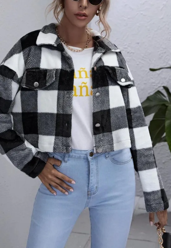 Cozy Warm Texture Plaid Checker Cropped Collar Button Jacket sold by Anna-Kaci