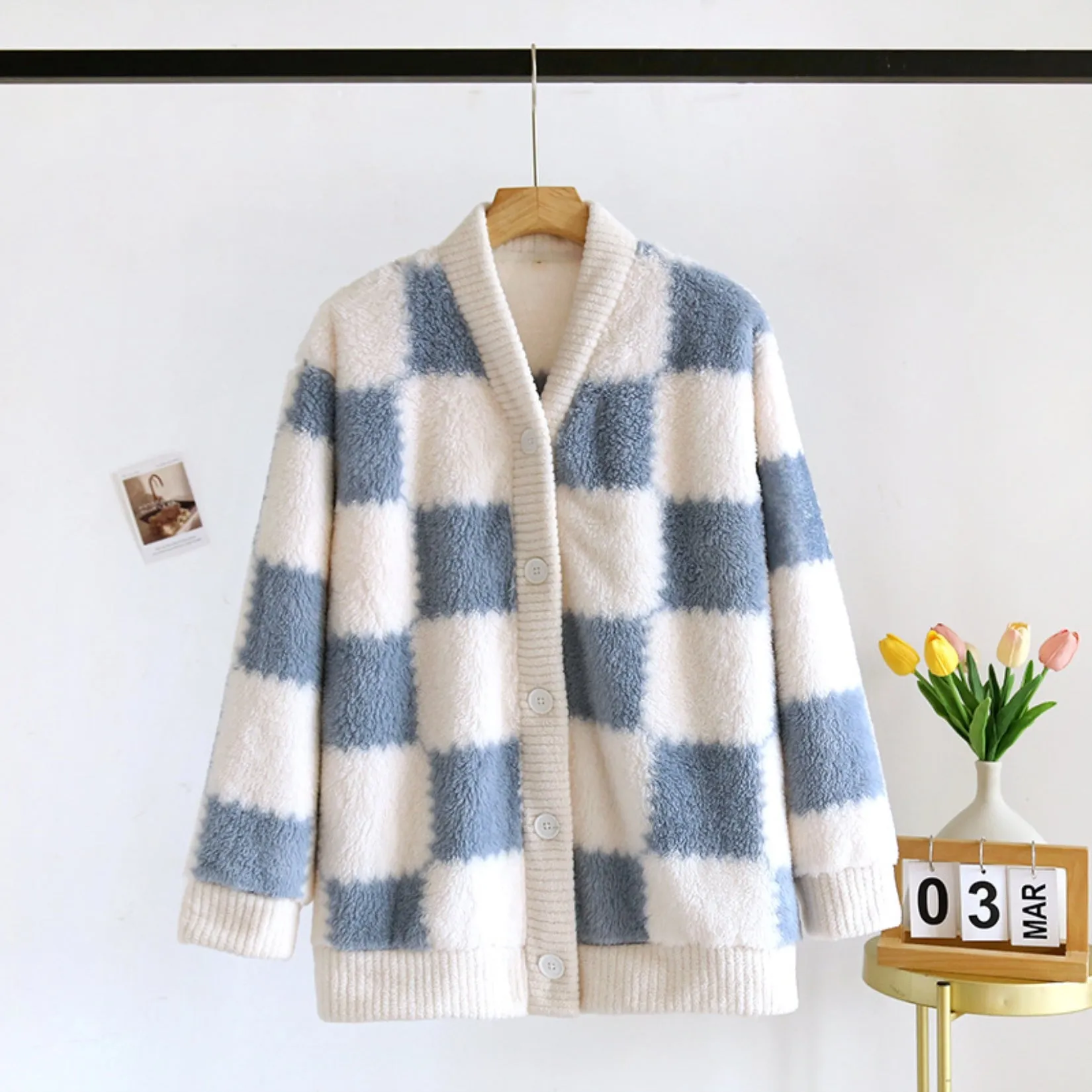 Gingham Pattern Fuzzy Cardigan sold by Anna-Kaci