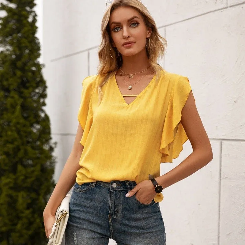 V Neck Ruffle Sleeve Blouse sold by Anna-Kaci product image thumbnail 3