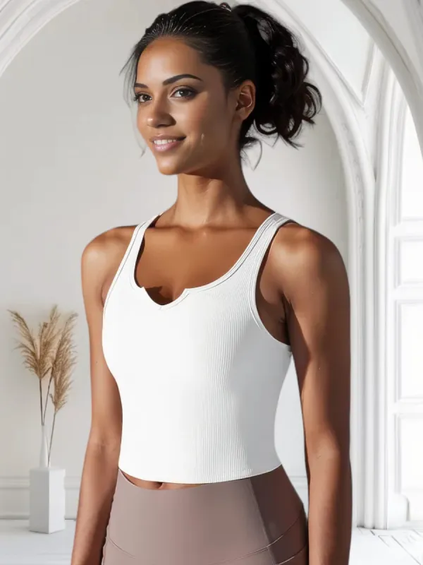 Women's Ribbed Knit Crop Top with Notch Neckline and Sleeveless Design sold by Anna-Kaci