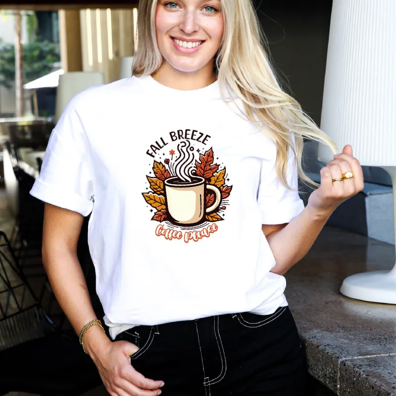 Sip in Style: 'Coffee Please' Shirt featuring a Cup Adorned with Autumn Leaves sold by Anna-Kaci