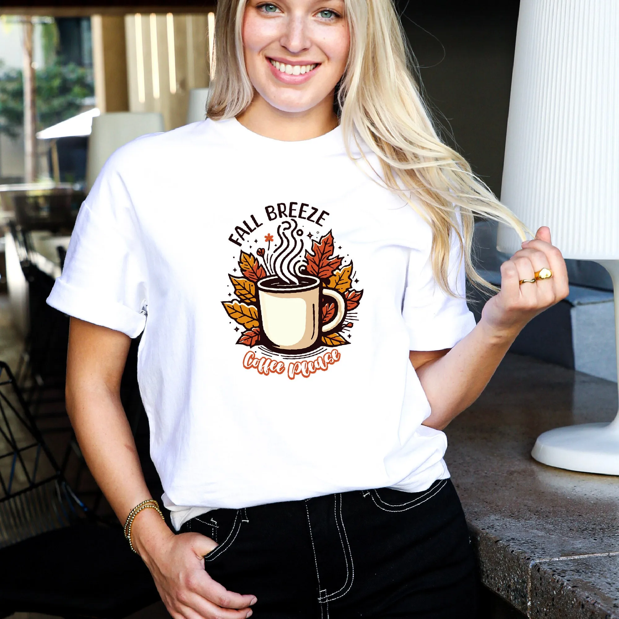 Sip in Style: 'Coffee Please' Shirt featuring a Cup Adorned with Autumn Leaves sold by Anna-Kaci