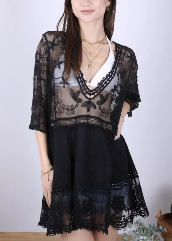 Contrast Embroidered Lace V Neck Bikini Cover Up Beach Mini Dress with Half Sleeve sold by Anna-Kaci