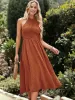 Clip Dot Halter Neck Textured Pleated Flared Midi Dress sold by Anna-Kaci