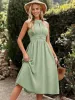Clip Dot Halter Neck Textured Pleated Flared Midi Dress sold by Anna-Kaci