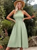 Clip Dot Halter Neck Textured Pleated Flared Midi Dress sold by Anna-Kaci