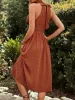 Clip Dot Halter Neck Textured Pleated Flared Midi Dress sold by Anna-Kaci