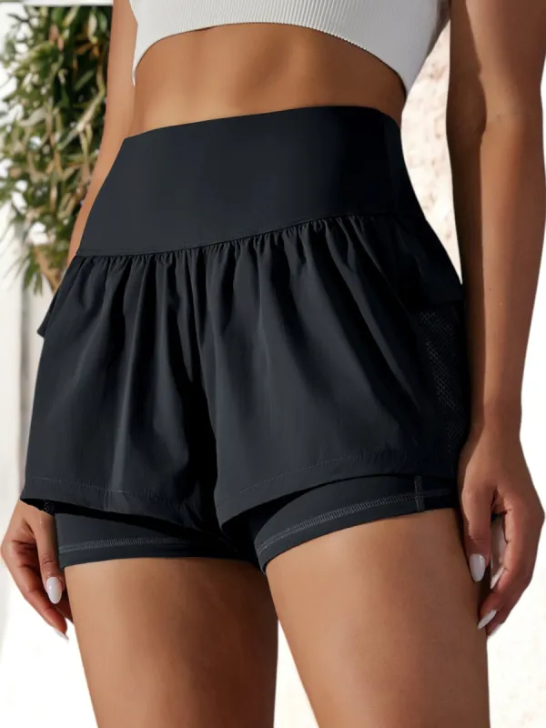 Mock 2-Piece Layered Breathable Mesh Cycling Active Shorts sold by Anna-Kaci