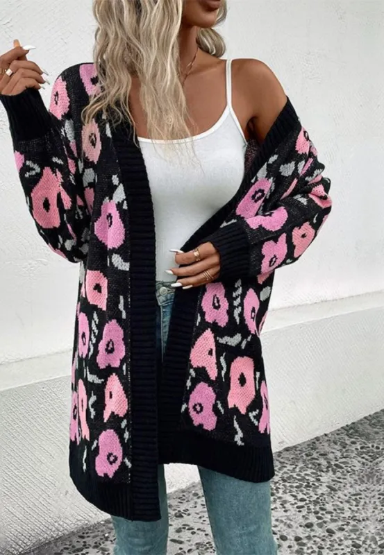Open Cardigan Long Sleeve Floral Pattern Pink Knit Long Cardigan sold by Anna-Kaci