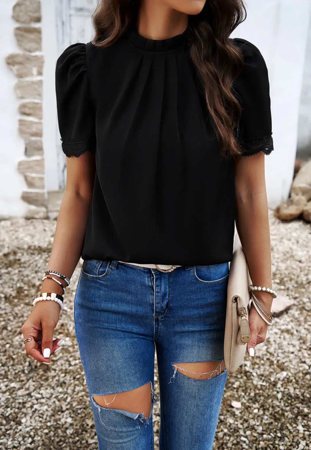 Pleated Detail Puff Sleeve Blouse sold by Anna-Kaci